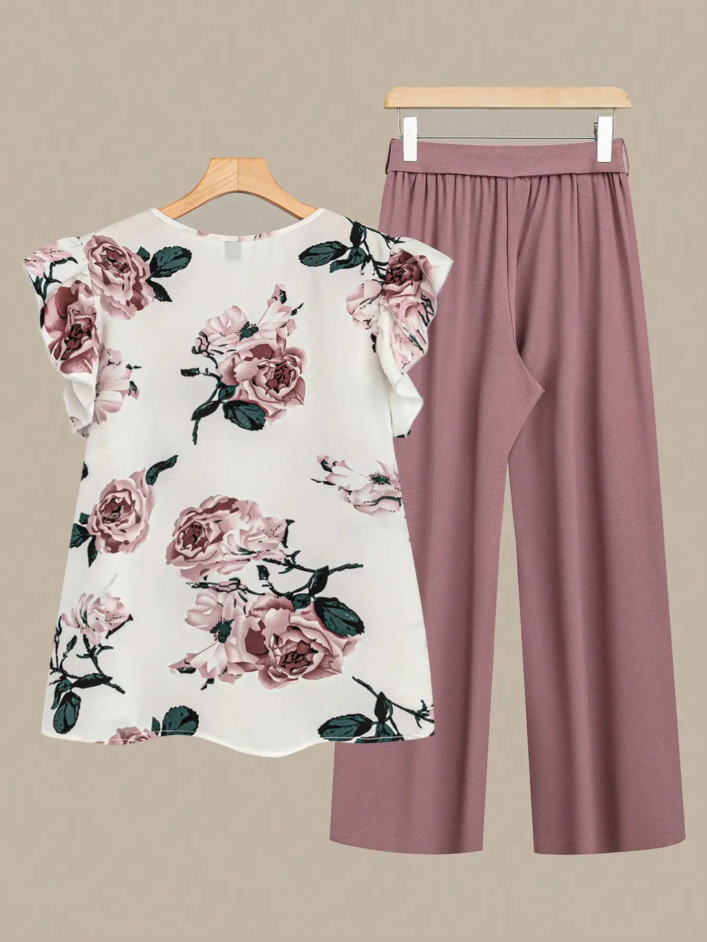 Women's Floral V-Neck Top & Solid Wide-Leg Pants Set with Tie Waist