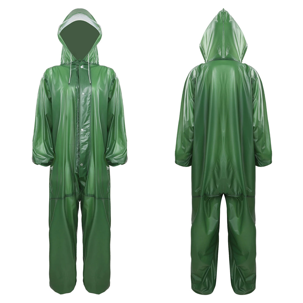 Adults One Piece Full-body Hooded Raincoat Hood with Drawstring Front Button And Zipper One-piece Waterproof Jumpsuit Workwear