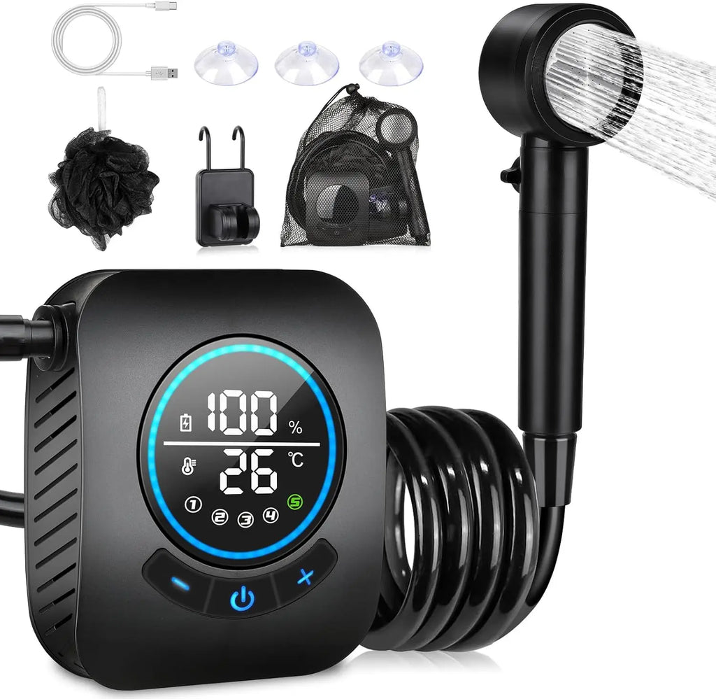 Portable Camping Shower with 8000mAh Battery, 5 Speeds, 4 Modes, LED Display, IPX8 Waterproof for Outdoor Use