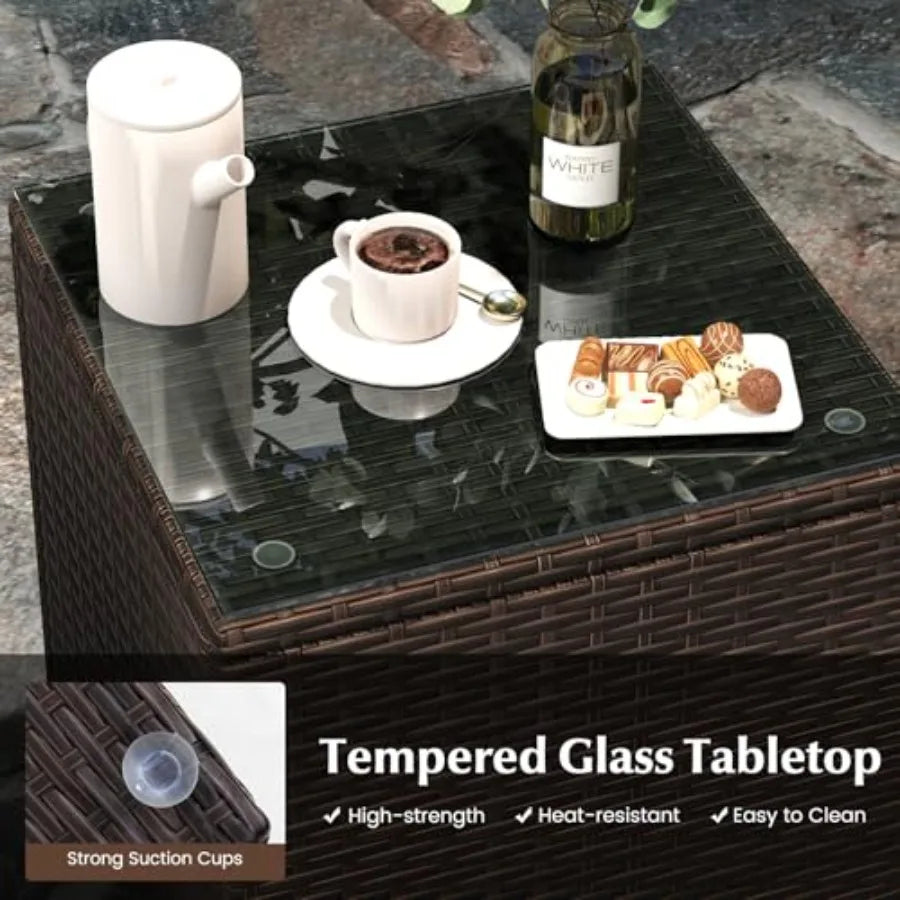 Tangkula 3 Pieces Patio Rattan Furniture Set Outdoor Conversation Set with PE Wicker Armchairs Tempered Glass Top Coffee Table