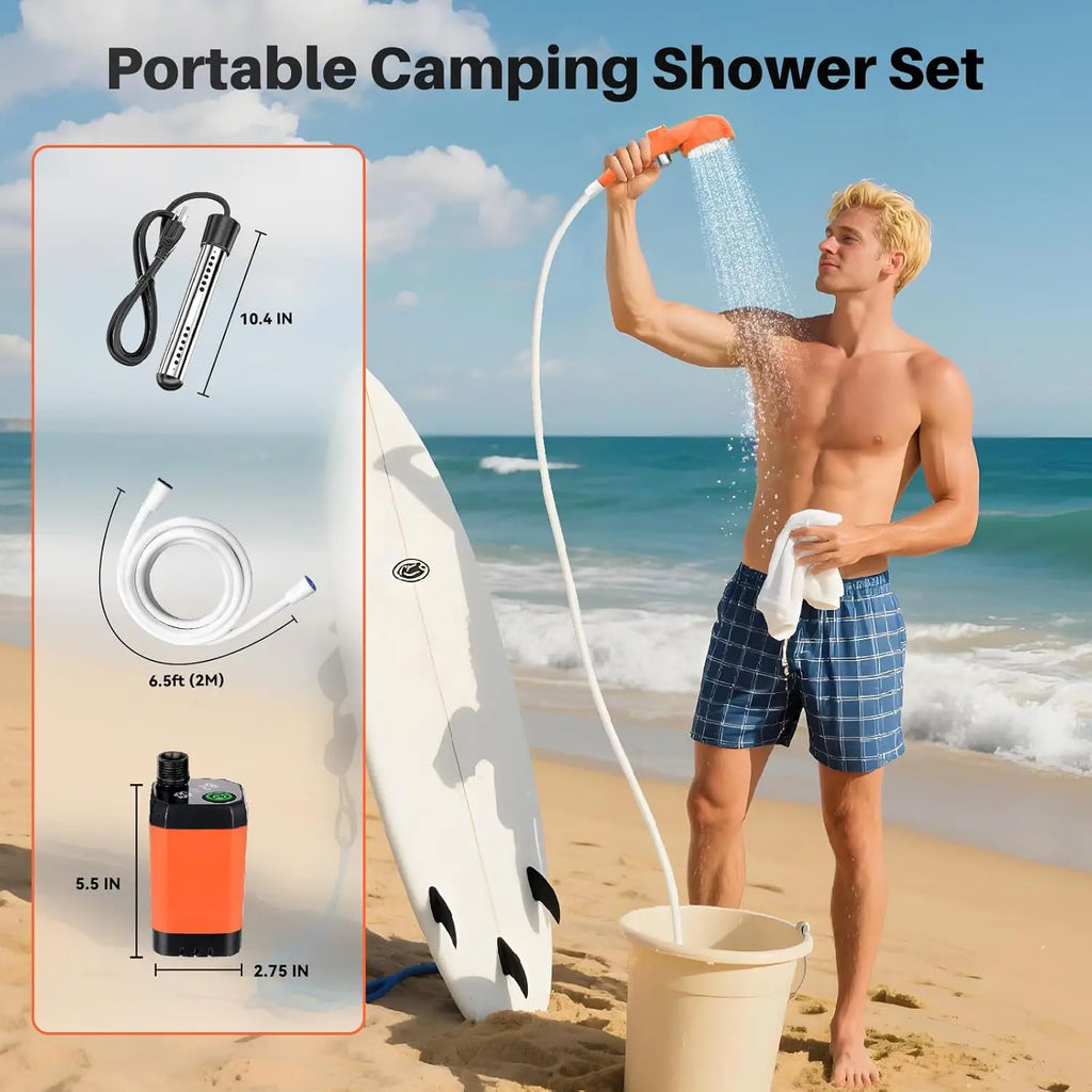 Portable Camping Shower with Heater, 6000mAh Rechargeable, 2000W Immersion Heater, LED Display for Travel Hiking Car Pet