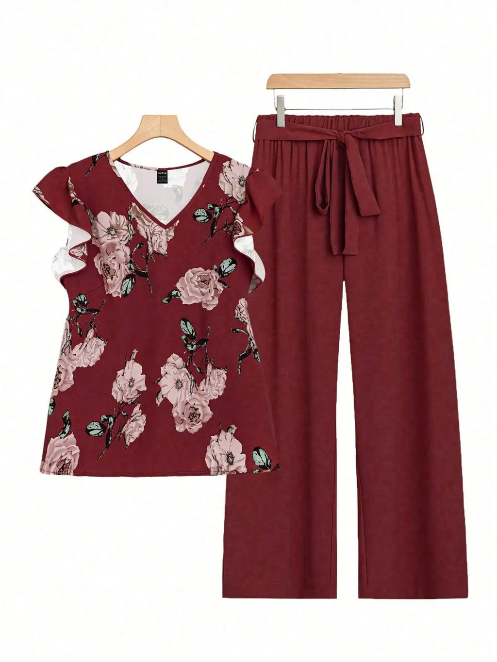 Women's Floral V-Neck Top & Solid Wide-Leg Pants Set with Tie Waist