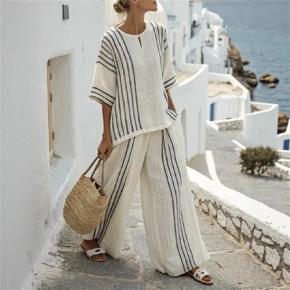 Breathable Casual Set Striped Cotton Print Tee Set Comfortable Lightweight Wideleg Pants Set Summer Two Piece Relaxed Outfit
