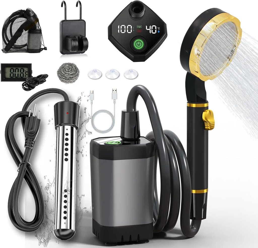 Portable Camping Shower with Immersion Heater, 6000mAh Rechargeable, LED Display for Outdoor Use