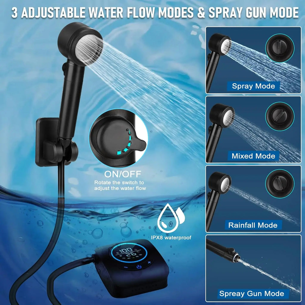 Portable Camping Shower with 8000mAh Battery, 5 Speeds, 4 Modes, LED Display, IPX8 Waterproof for Outdoor Use