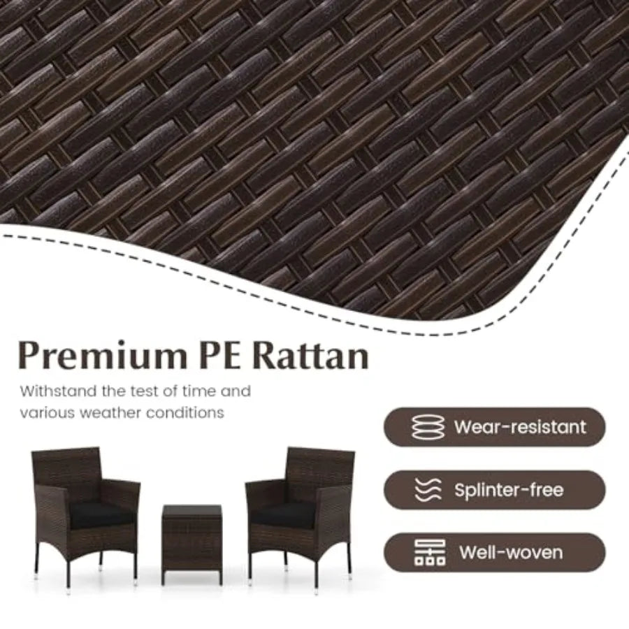 Tangkula 3 Pieces Patio Rattan Furniture Set Outdoor Conversation Set with PE Wicker Armchairs Tempered Glass Top Coffee Table