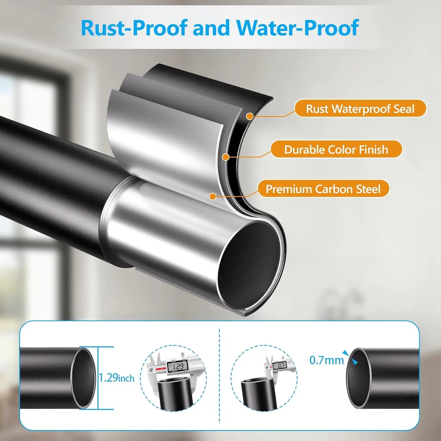 Adjustable Tension Curtain Rods, No Drilling, 41-139 Inch, Heavy Duty for Shower Patio Windows Room Divider, Anti-Slip Black