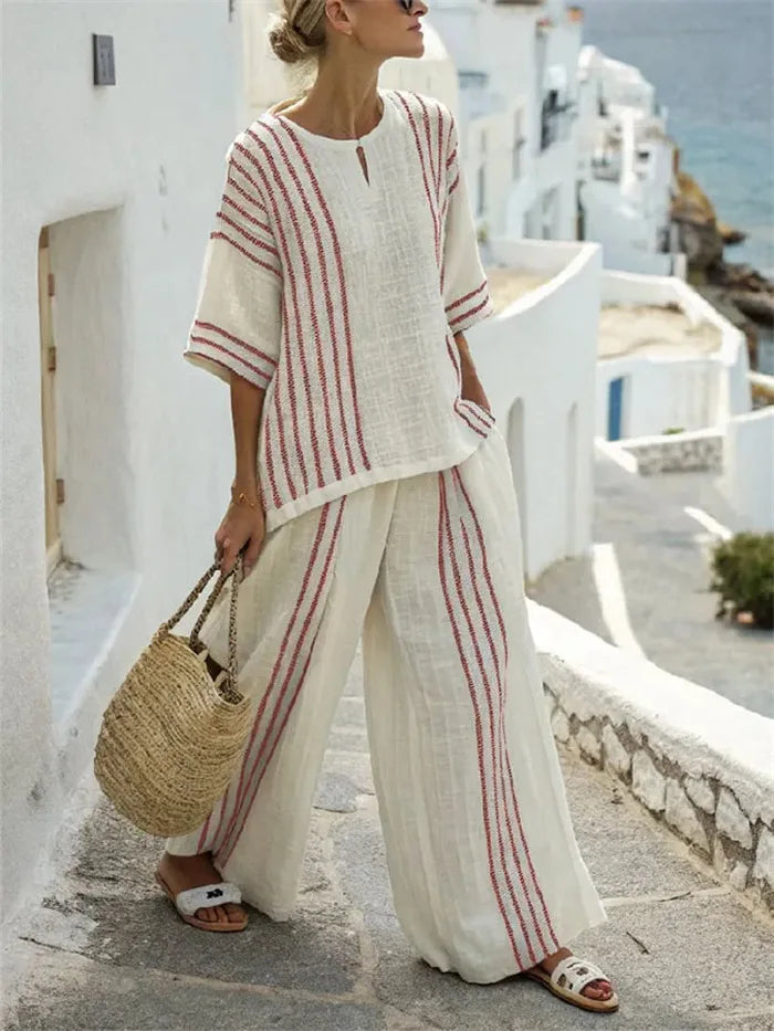 Breathable Casual Set Striped Cotton Print Tee Set Comfortable Lightweight Wideleg Pants Set Summer Two Piece Relaxed Outfit