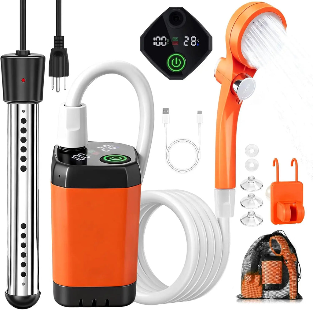 Portable Camping Shower with Heater, 6000mAh Rechargeable, 2000W Immersion Heater, LED Display for Travel Hiking Car Pet