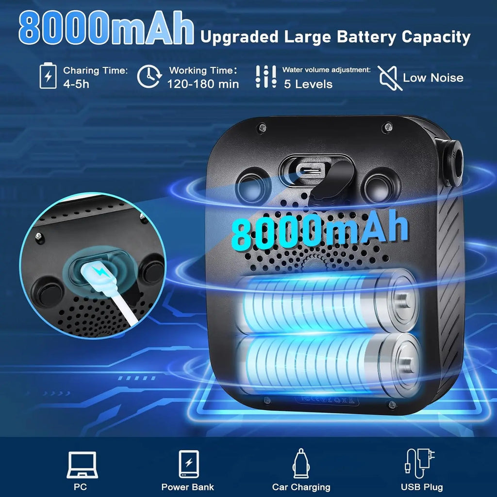 Portable Camping Shower with 8000mAh Battery, 5 Speeds, 4 Modes, LED Display, IPX8 Waterproof for Outdoor Use