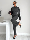 Grey 2-Piece Women's T-Shirt Set, Business Casual Office Wear, Modern Commuter Outfit for Winter