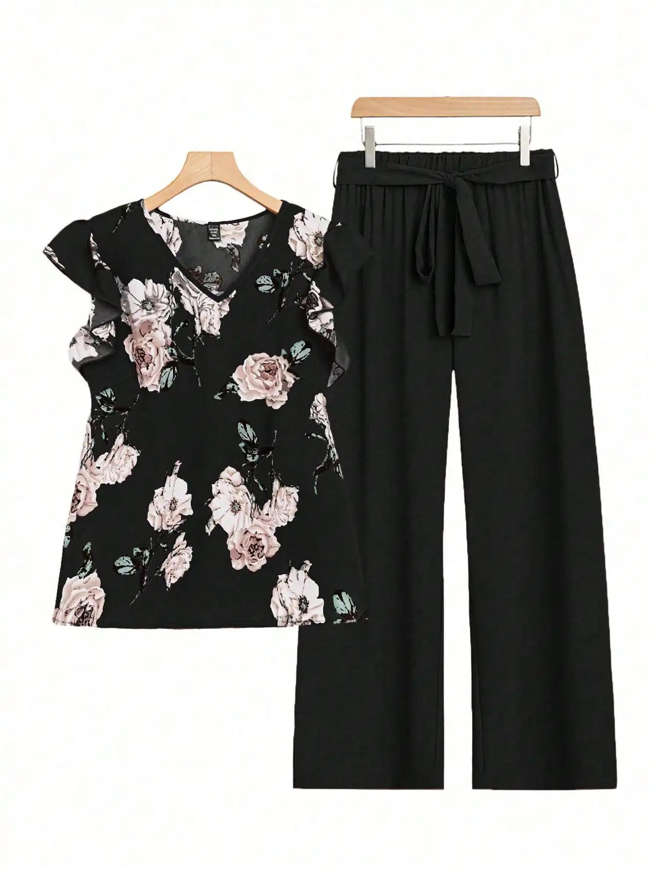Women's Floral V-Neck Top & Solid Wide-Leg Pants Set with Tie Waist