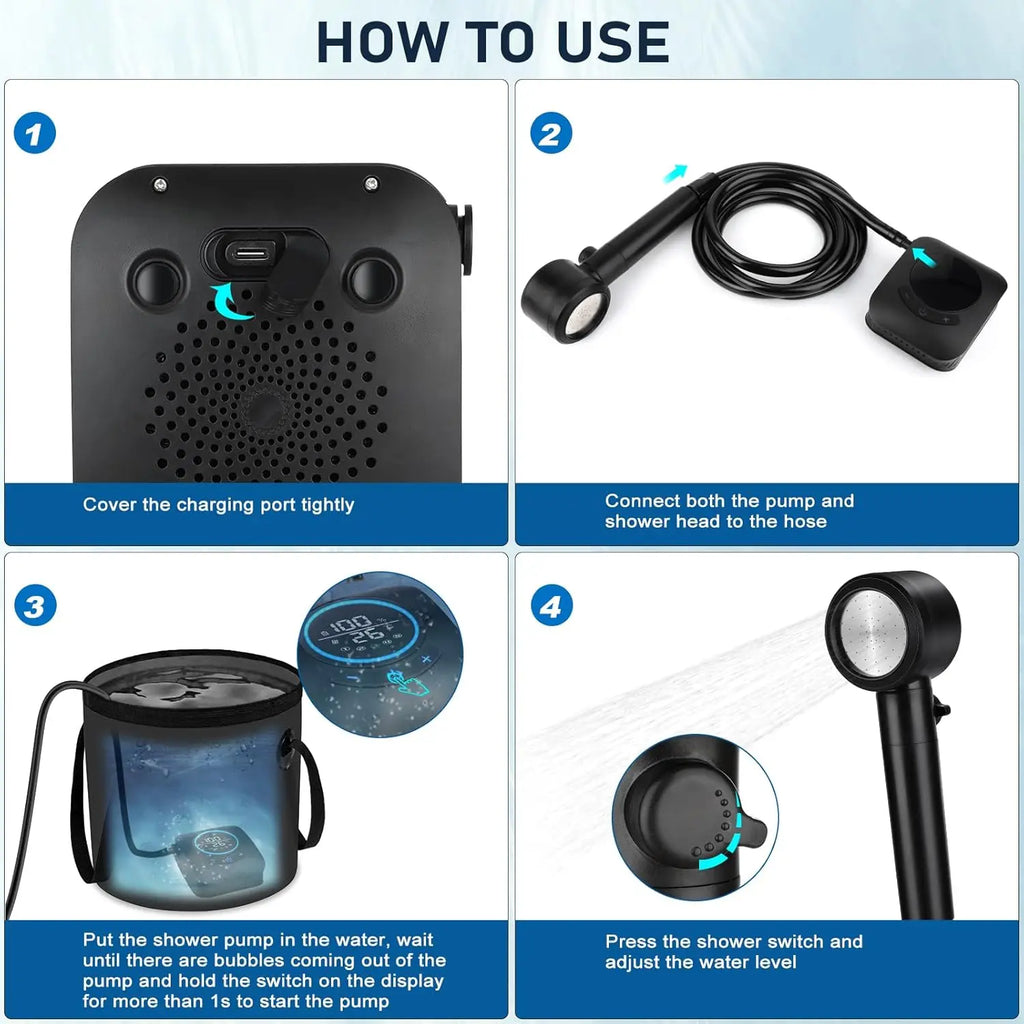 Portable Camping Shower with 8000mAh Battery, 5 Speeds, 4 Modes, LED Display, IPX8 Waterproof for Outdoor Use
