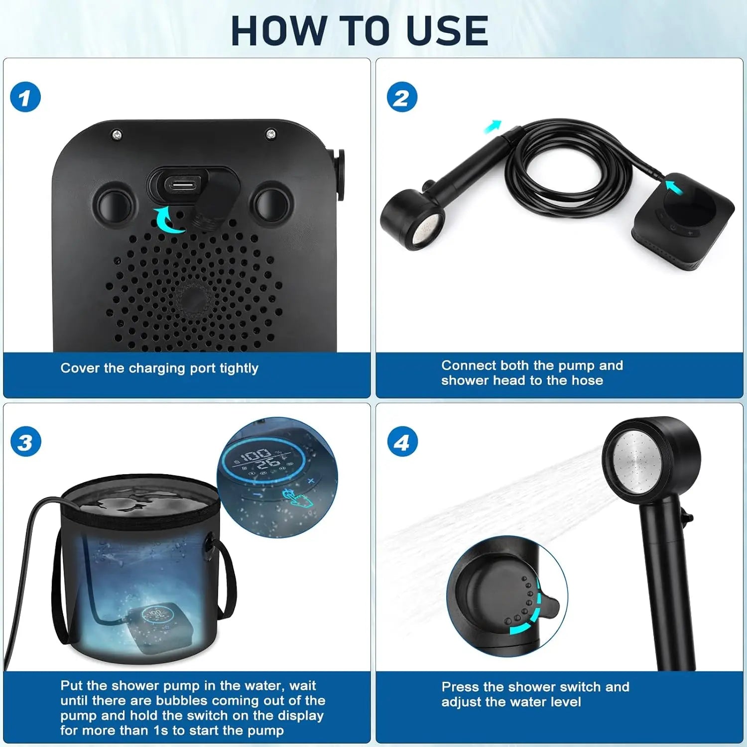 Portable Camping Shower with 8000mAh Battery, 5 Speeds, 4 Modes, LED Display, IPX8 Waterproof for Outdoor Use